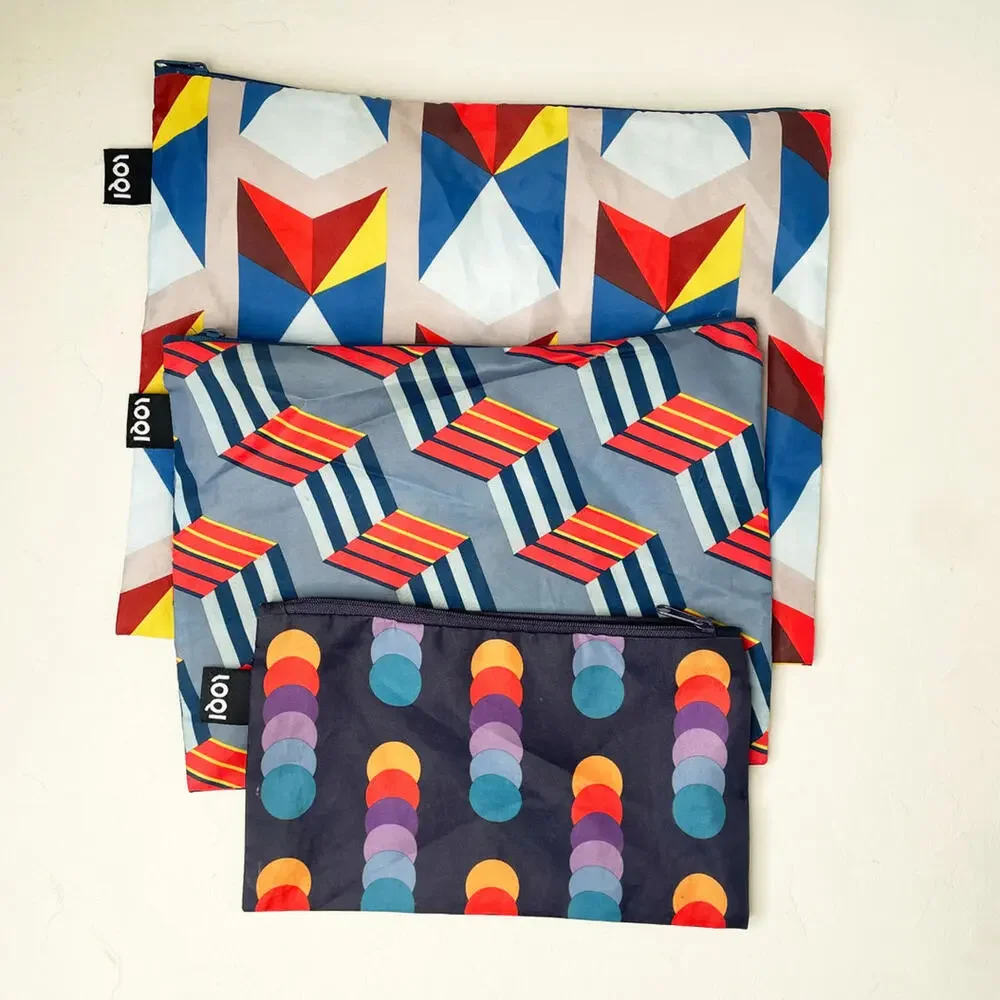 LOQI Set of 3 Colorful Geometric Patterned Pouches - Picture 1 of 7
